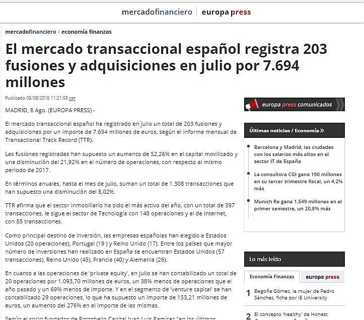 El mercado transaccional espaol registra 203 fusiones y adquisiciones en julio por 7.694 millones